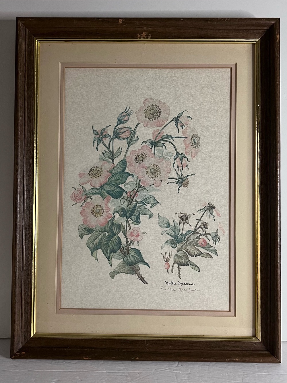 VTG Nellie Meadows Signed Framed Matted Floral Print Wild Pink Rose 14”x18”